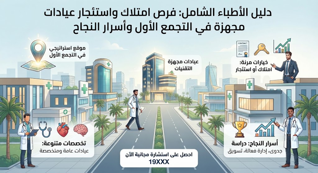 دليل الأطباء الشامل: فرص امتلاك واستئجار عيادات مجهزة في التجمع الأول وأسرار النجاح